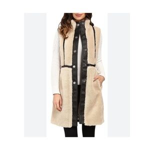 NIC+ZOE Faux Leather Trimming Long Shearling Vest Jacket Size:M, Black & Cream